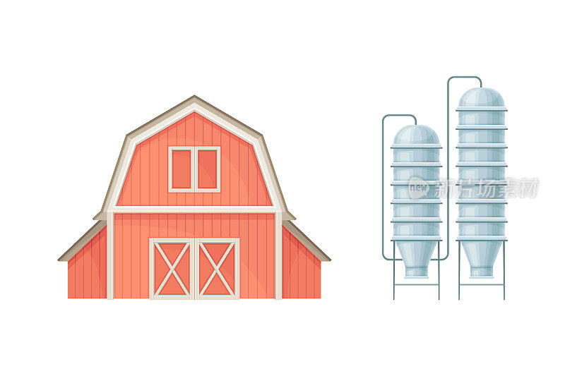 红色的谷仓农舍和筒仓仓库，农业建筑矢量插画