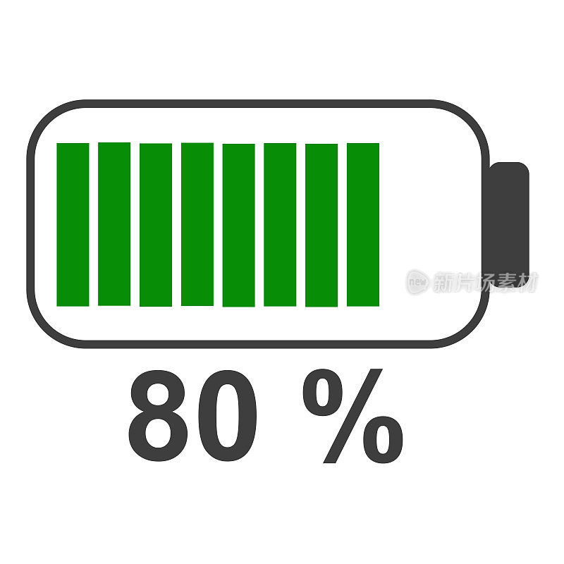 80%电池能量图标，电池充电器概念