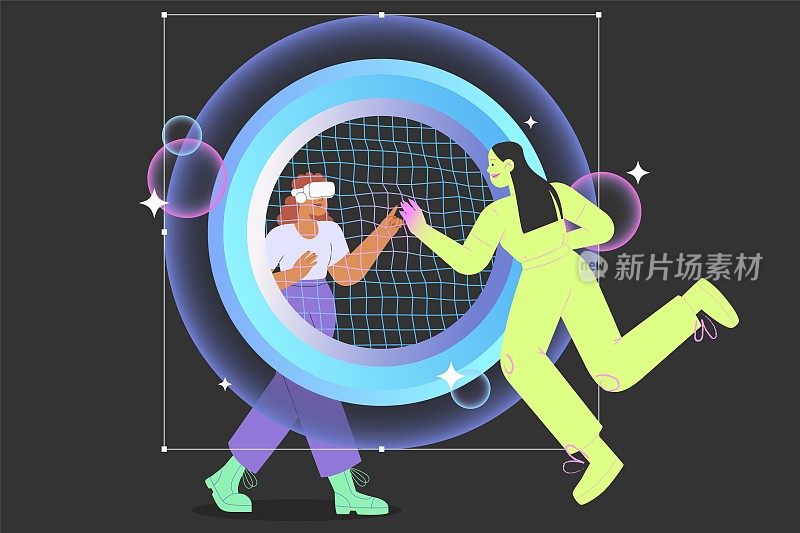 Metaverse娱乐。平面矢量插图，戴着虚拟现实眼镜的女人创造和互动她的数字化身。未来创新的概念。