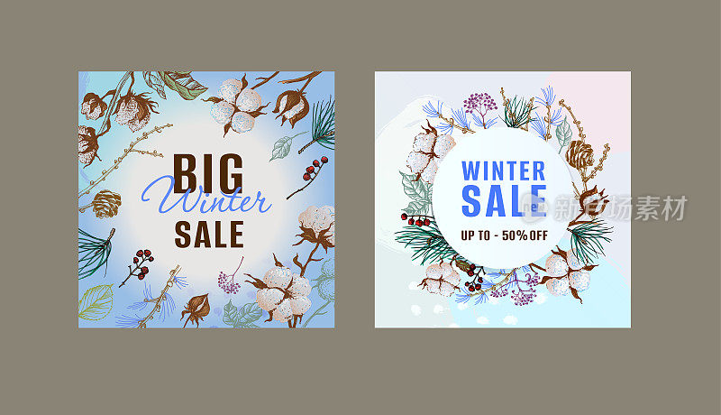 一套冬季销售故事横幅模板。新的故事和宣传帖子的冬季雪设计。冬季设计与冬季植物。