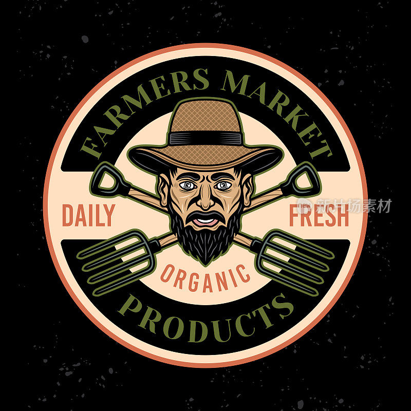 农业和有机产品向量徽，标志，徽章或标签在卡通彩色风格的黑色背景