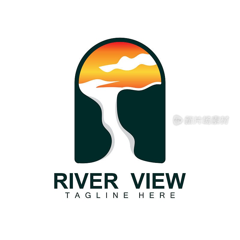 河流标志设计，河流矢量，河边插画与山和自然的结合，产品品牌