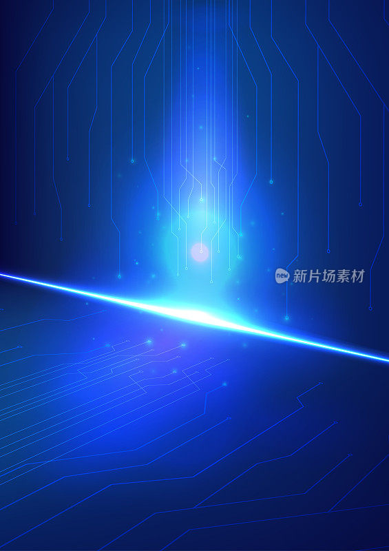 透视墙上的蓝色数字电路和霓虹辉光未来技术抽象背景