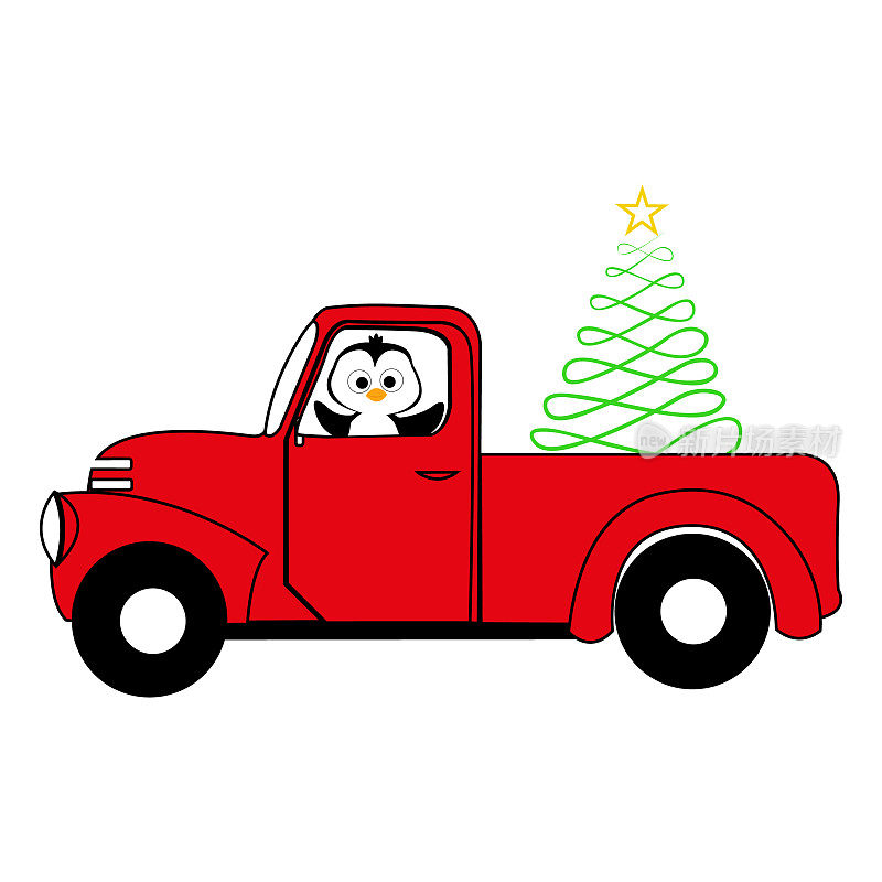 一辆红色的汽车载着一棵圣诞树，树上有一场比赛。企鹅。新年。圣诞节。