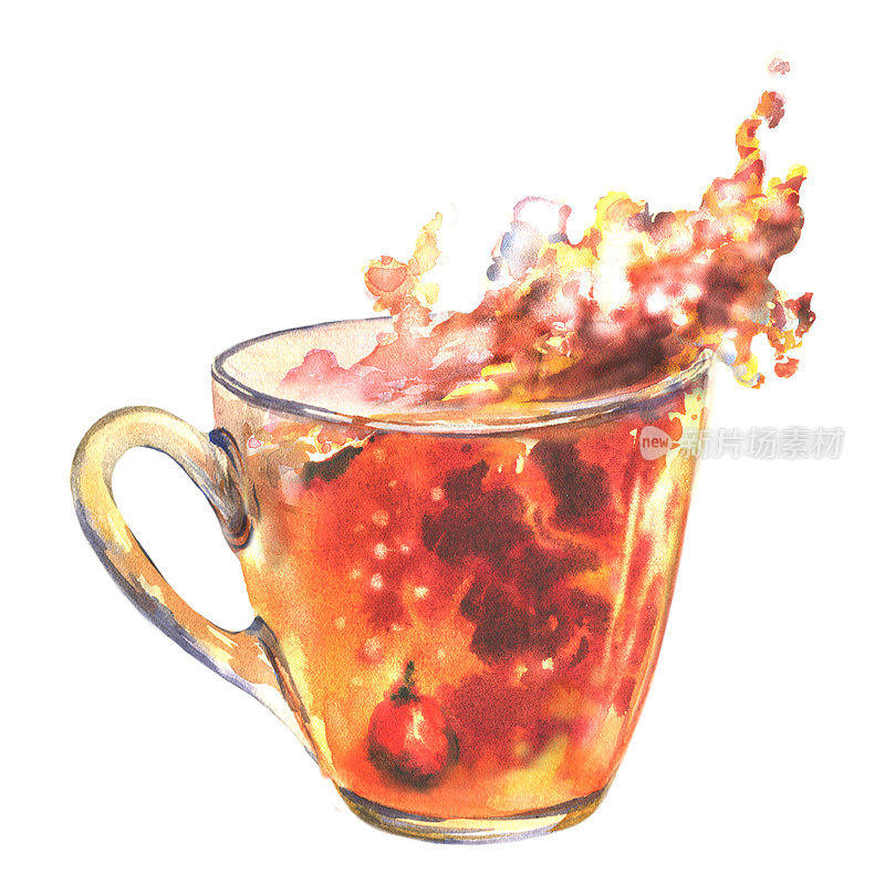 黑色茶杯水彩插画与茶的飞溅和水滴。玻璃杯里的野蔷薇茶加浆果。孤立的白色背景。
