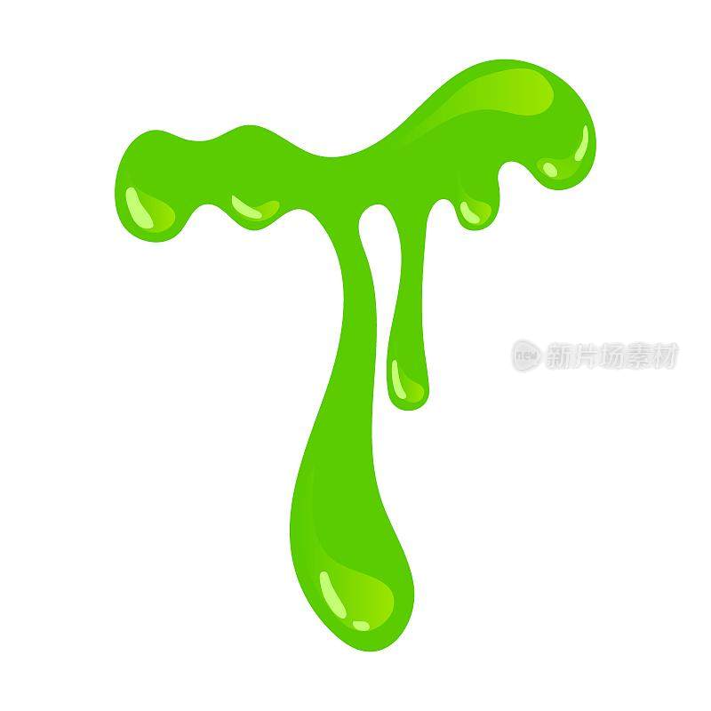 绿色水平黏液飞溅和斑点。粘性粘液飞溅或滴粘性液体的矢量图。卡通黏滴孤立在白色
