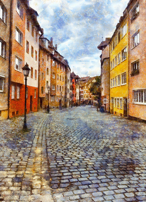 纽伦堡风景如画的小镇街道，色彩缤纷的中世纪建筑。数字模拟油画。