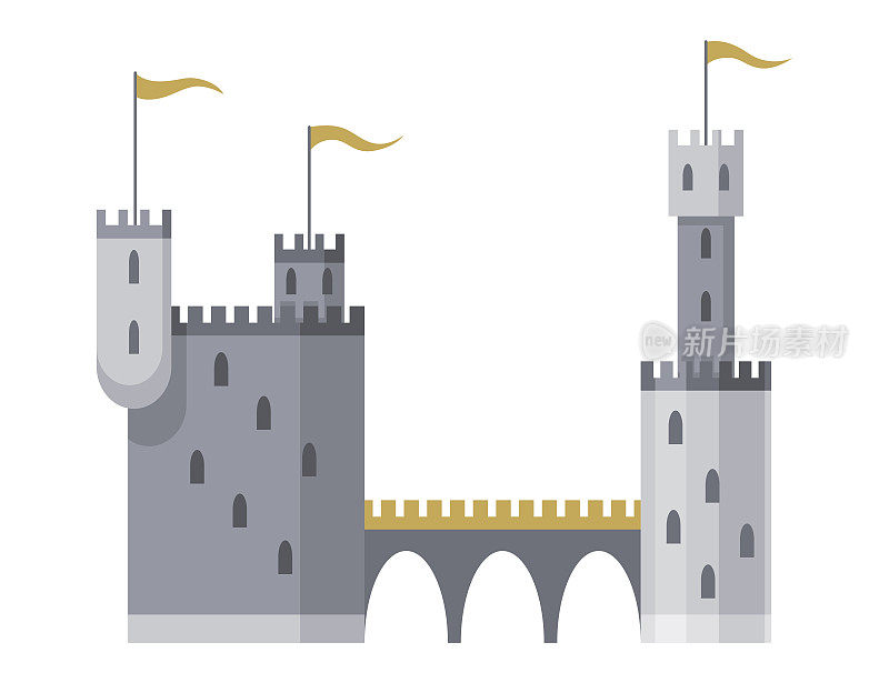 中世纪王国城堡或皇家堡垒。中世纪历史时期的童话建筑。矢量建筑外观设计