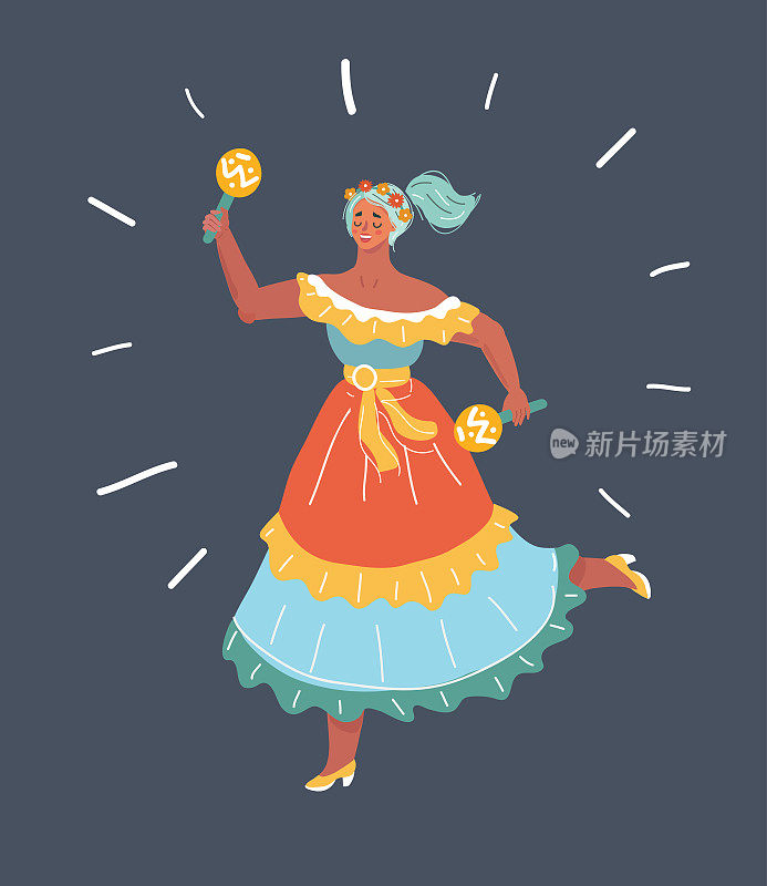 墨西哥女孩穿着传统服装跳舞和摇晃沙球卡通矢量插图