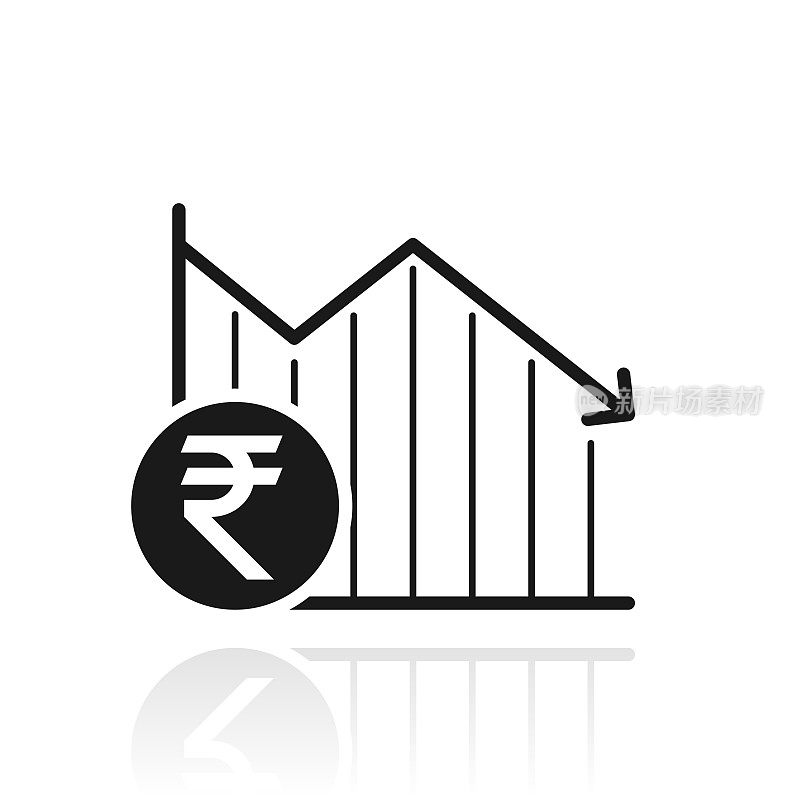 下降图形与印度卢比硬币。白色背景上反射的图标