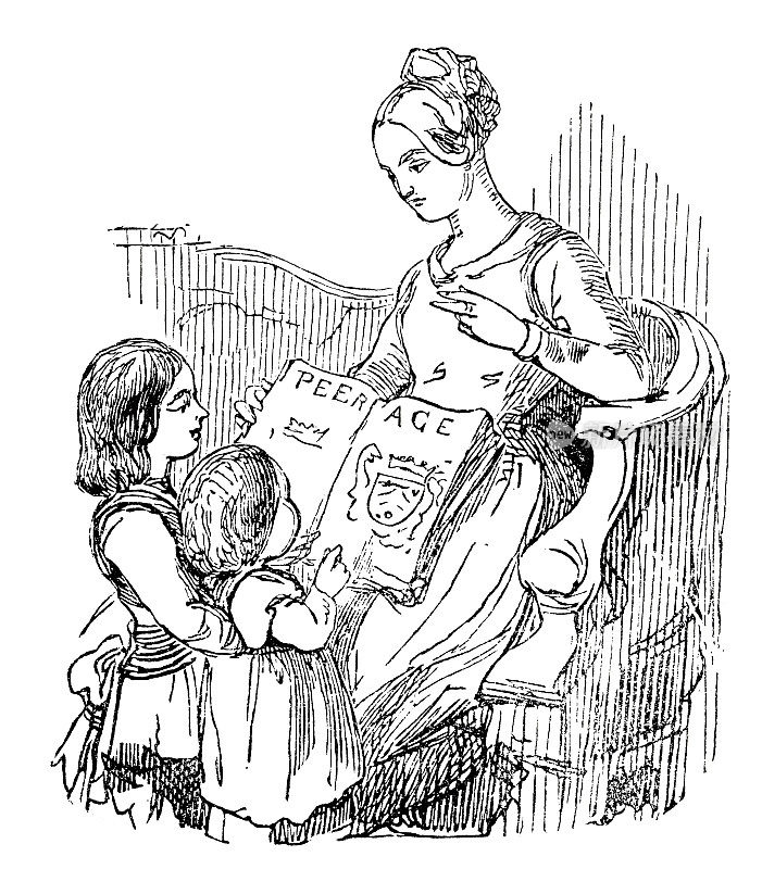 两个孩子站在妈妈面前，坐在沙发上读一本白纸上剪下来的书