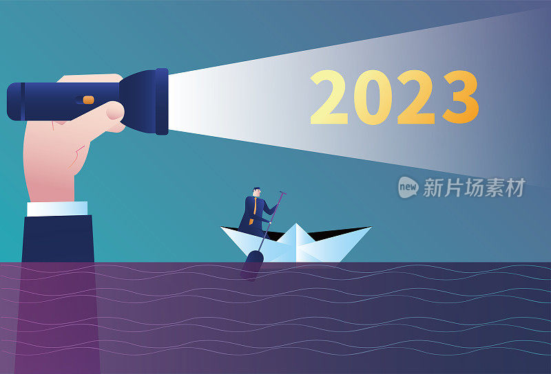 巨人用手电筒帮助一个划船的商人照亮2023