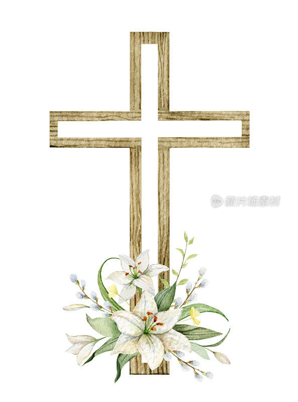 基督教矢量十字架制成的绿叶和白色百合花。为复活节，主显节，洗礼，邀请，明信片，包装设计水彩插图。