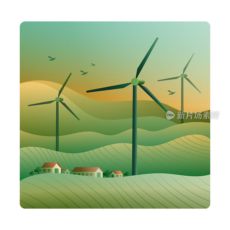 矢量说明绿色能源和风力发电机，风力发电，景观，绿色技术，生态，可持续性，电力，能源危机，电动汽车，污染，绿色。