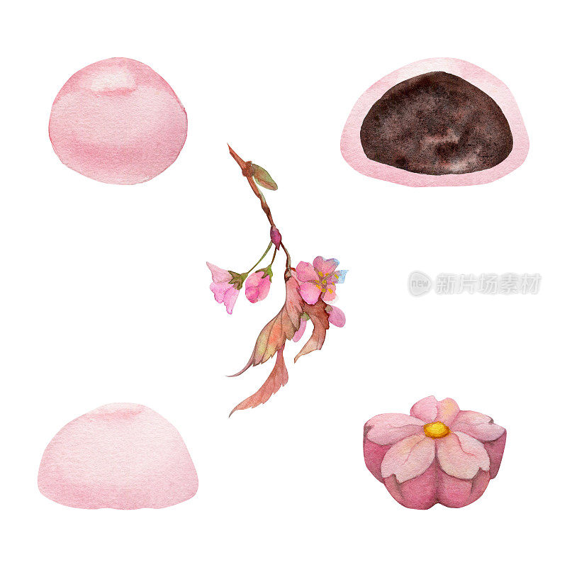 水彩手绘的日本传统糖果。春和，樱花麻糬，大福，樱桃。孤立在白色背景上。设计邀请函，餐厅菜单，贺卡，印刷，纺织