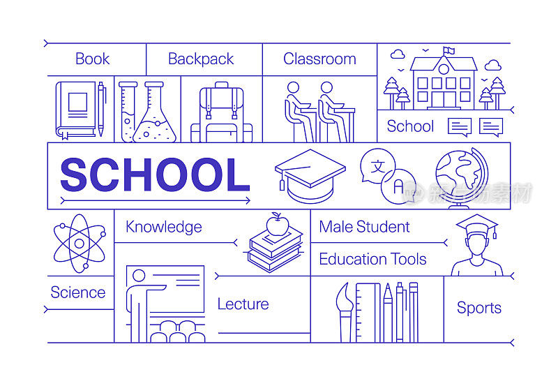 学校线图标集和横幅设计