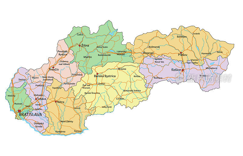 斯洛伐克-高度详细的可编辑的政治地图与标签。