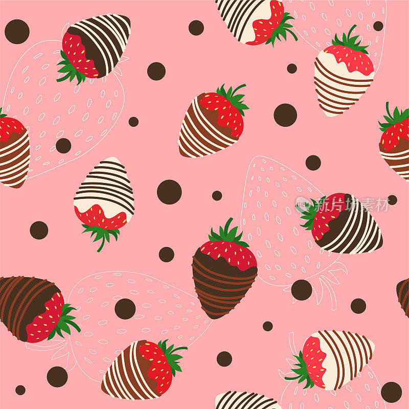 无缝矢量模式与红色巧克力覆盖草莓在粉红色的背景在平面风格。