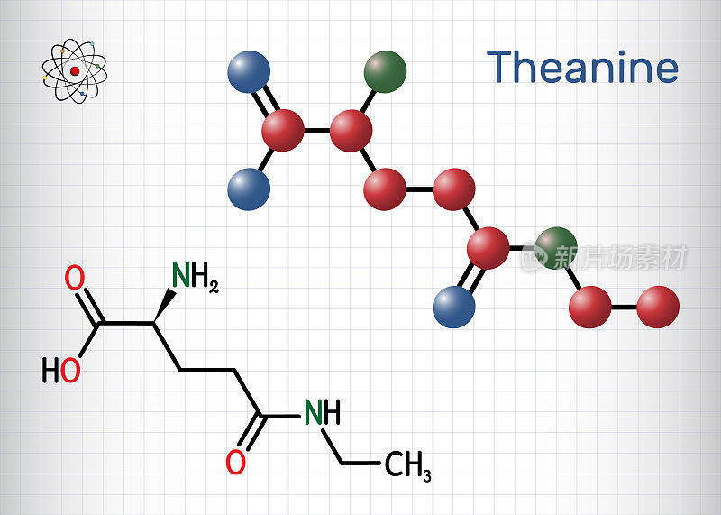 茶氨酸，茶氨酸分子。它是一种神经保护剂，植物代谢物，存在于绿茶中。结构化学式，分子模型。一张纸放在笼子里