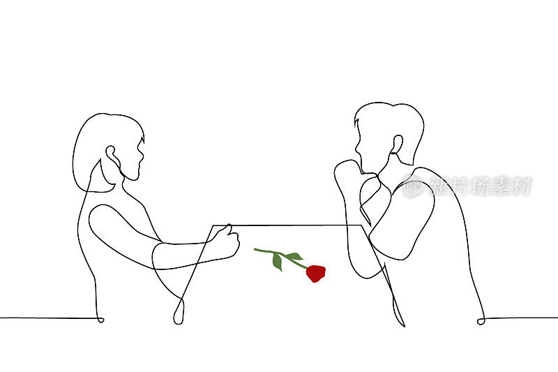 一男一女面对面坐在一张桌子上，桌子上放着一朵红玫瑰——画矢量的一条线。约会概念，相亲