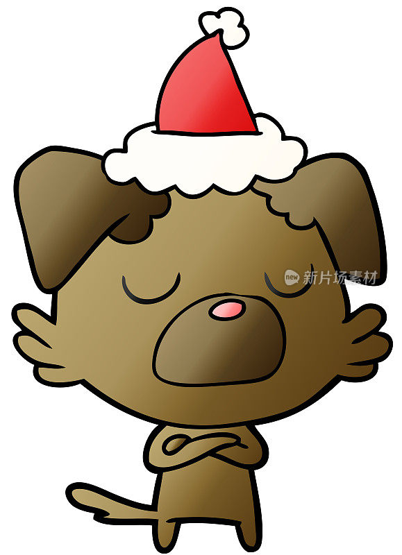 手绘渐变卡通一只狗戴着圣诞老人的帽子