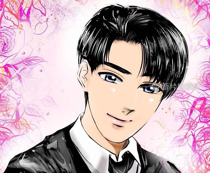 肖像插图一个英俊的年轻人与黑色的头发盯着你在日本漫画风格和花园的背景