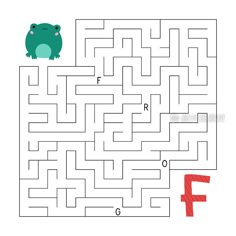 ABC迷宫游戏。儿童益智游戏。字母迷宫。帮助青蛙找到通往字母F的正确道路。