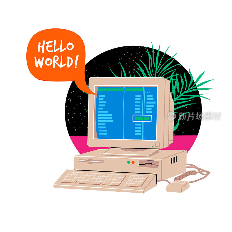 80年代和90年代的老式办公电脑，技术过时，大屏幕，经典米色机身。IT或编程课程的复古广告从基础101开始。怀旧矢量插图。