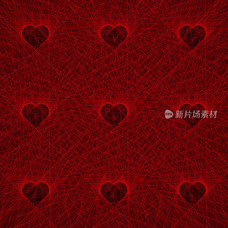 网格图案的多个心形轮廓，由细切线红色线条组成