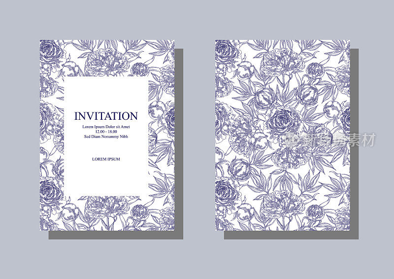 蓝色牡丹图案。花卉婚礼请柬，明信片，横幅和背景设计模板。矢量插图。