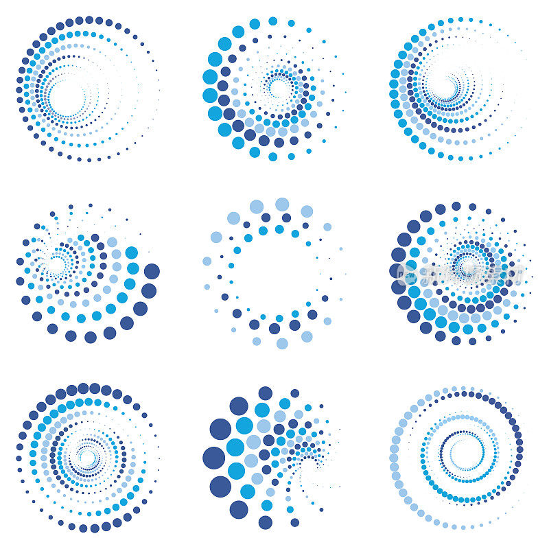 矢量辐射蓝色半色调点图案漩涡环图标收集