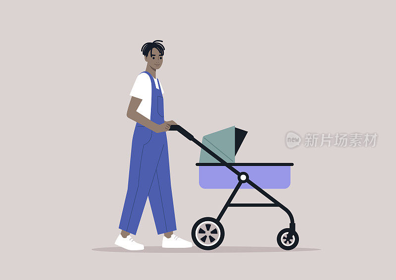 一位年轻的非洲父母推着婴儿车在户外活动