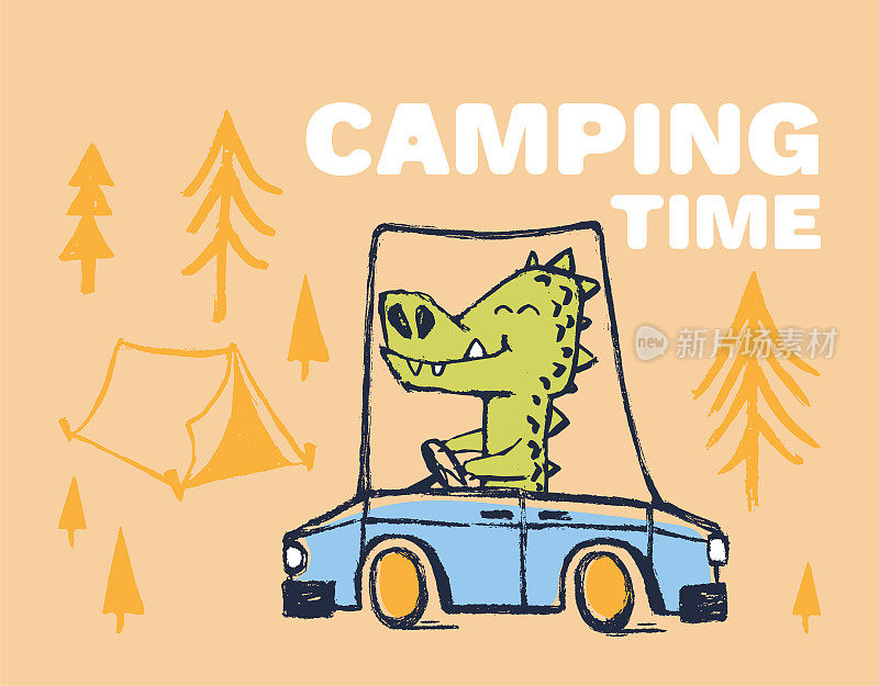鳄鱼野营车有趣凉爽的夏季t恤印花设计。自驾游。野营度假动物插画