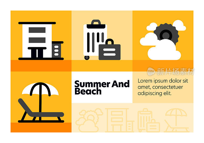 夏季和海滩线图标集和横幅设计。