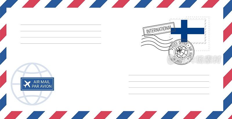 空白航空信封，贴芬兰邮票。明信片矢量插图与芬兰国旗孤立的白色背景。