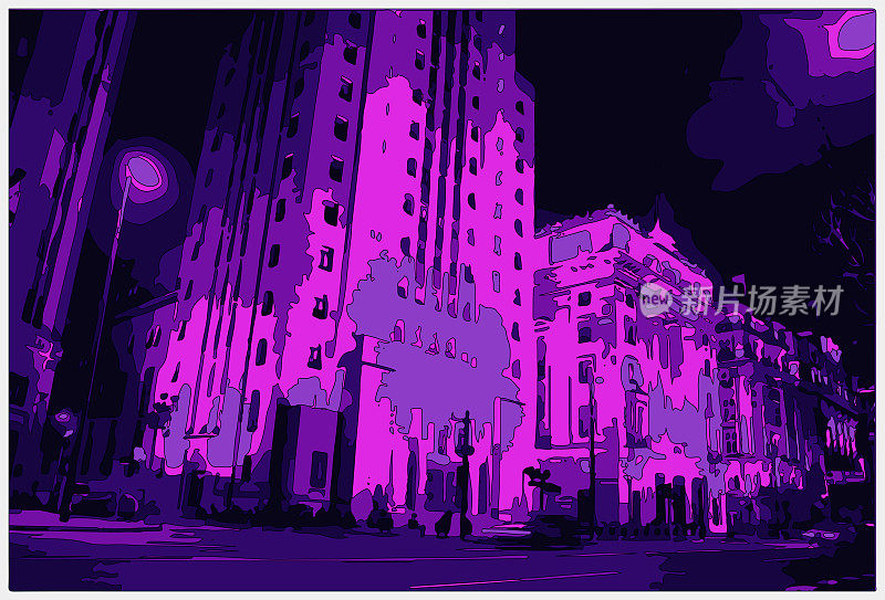 轮廓风格霓虹灯色超宇宙卡通户外场景，建筑街道在城市