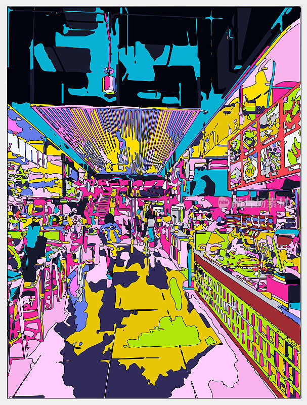 勾勒风格霓虹色彩超时空卡通室内场景,室内空间餐厅