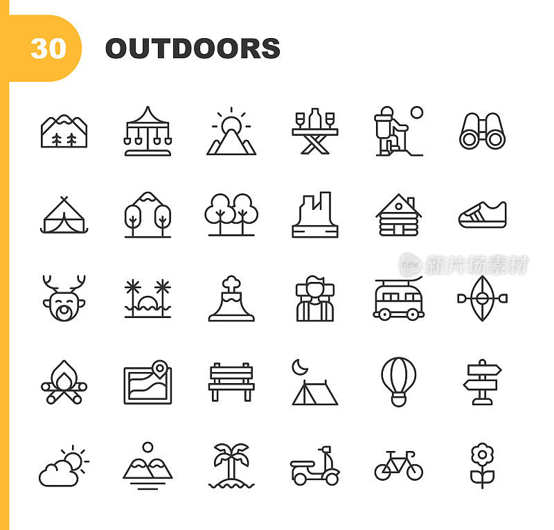 户外线条图标。可编辑的中风。包含这样的图标露营，骑自行车，森林，徒步旅行，山，自然，户外，公园，运动，夏天，太阳，生存，旅游，交通，旅行，度假，车辆，荒野