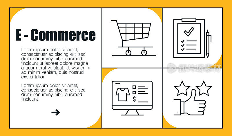 电子商务线图标集和横幅设计。网上购物，送货，愿望清单，网上市场，折扣，安全付款