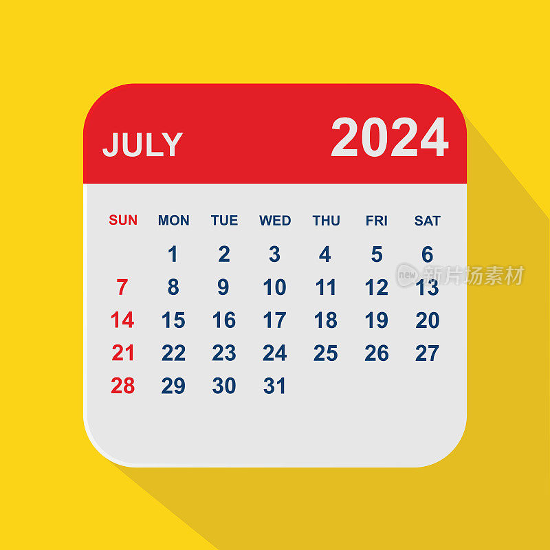 2024年7月。日历规划设计模板。一周从周日开始。业务矢量图