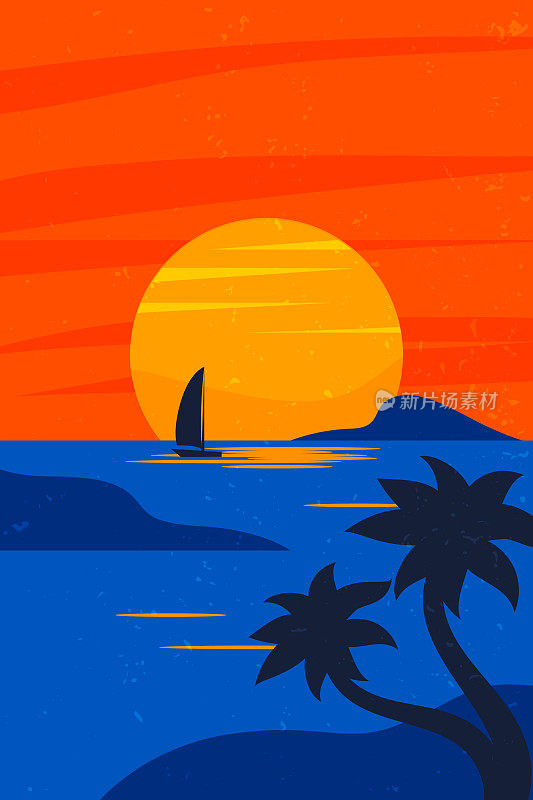 日落极简主义插图与船和棕榈树
