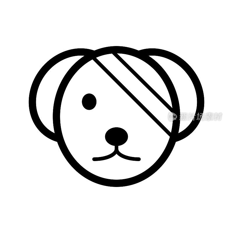 生病可爱的狗简单矢量图标。黑白插图的狗与绷带的眼睛。概述线性兽医图标。