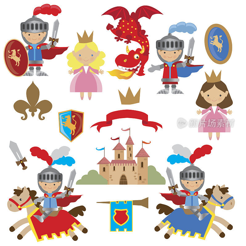 骑士，公主和龙矢量插图
