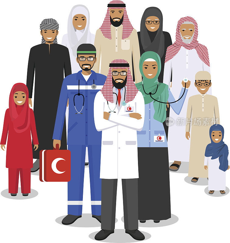 医疗和社会概念。阿拉伯医生，护士和穆斯林的详细说明在平面风格孤立在白色背景。开业医生和阿拉伯家庭站在一起
