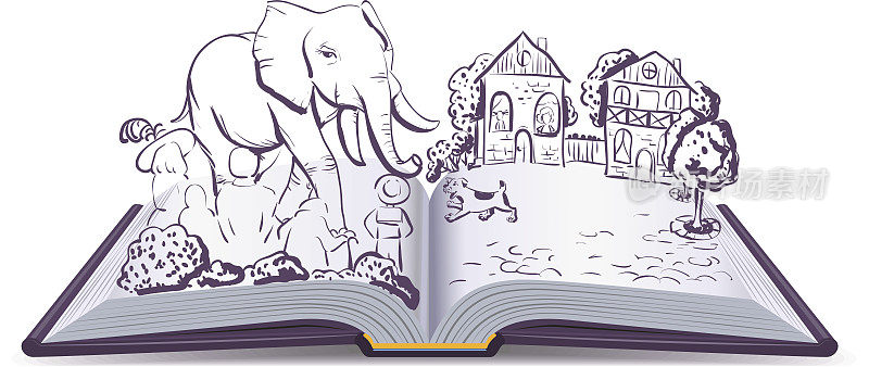 大象和帕格的故事。插图开放寓言书