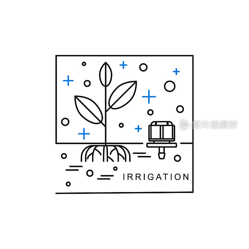滴灌图标。一个简单的线性符号，一个植物和一个洒水车。矢量插图。