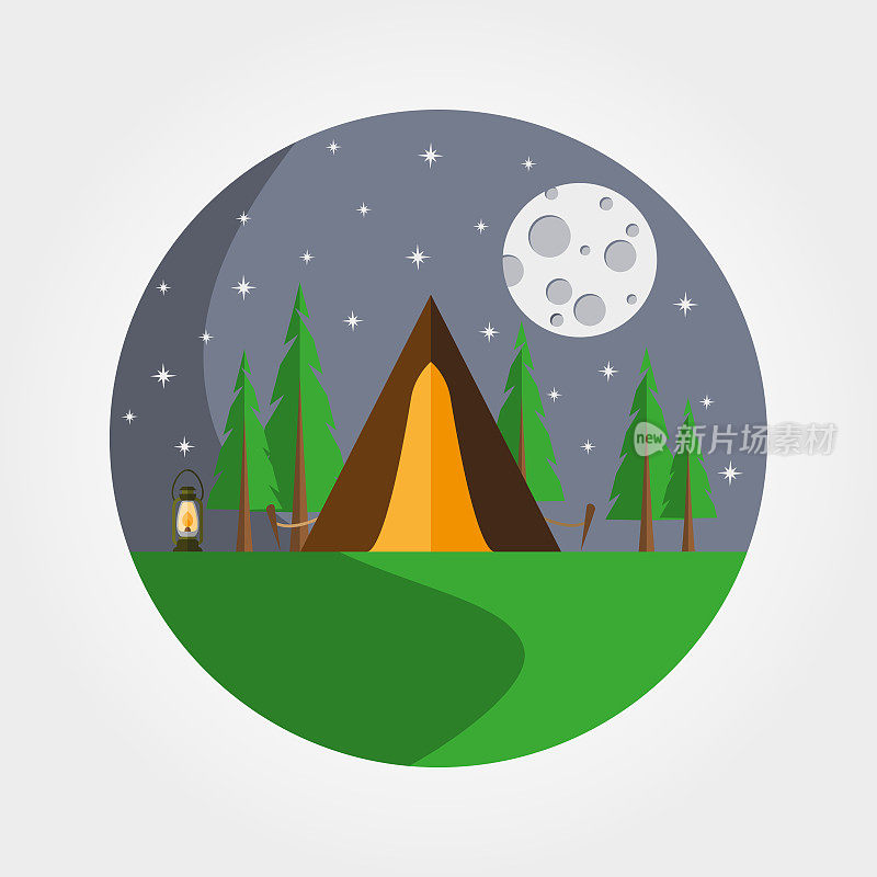 在森林里搭帐篷。强调自然中的娱乐活动。露营。矢量图