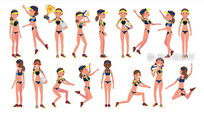 女子沙滩排球运动员向量。体育冠军的人。不同的位置。卡通人物图片