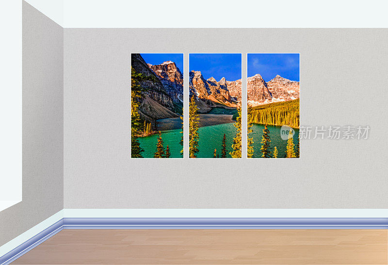 湖、岩石山和蓝天的三联画，挂在墙上