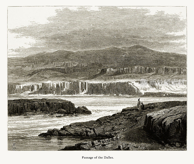 美国俄勒冈州哥伦比亚河的河谷，美国维多利亚版画，1872年